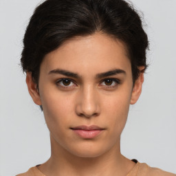 Neutral white young-adult female with short  brown hair and brown eyes