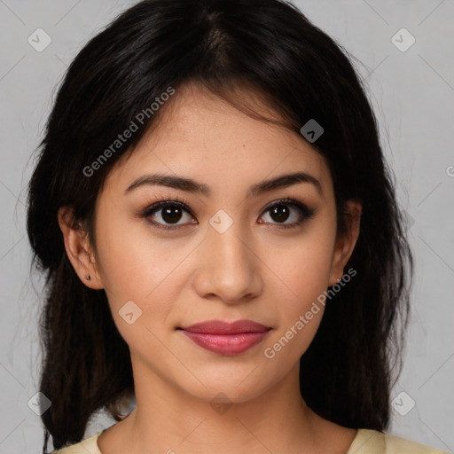 Joyful latino young-adult female with medium  brown hair and brown eyes