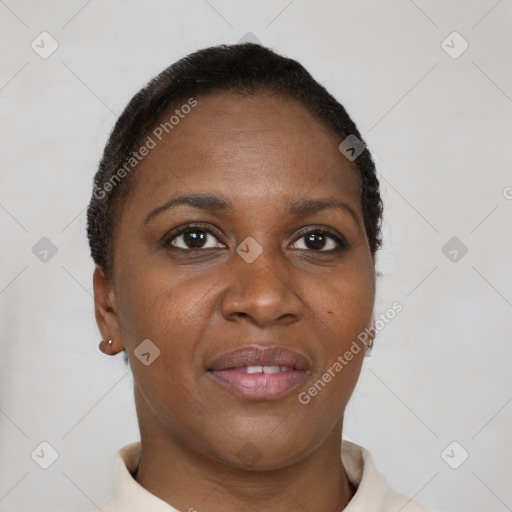 Joyful black young-adult female with short  brown hair and brown eyes