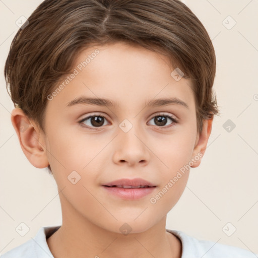 Joyful white child female with short  brown hair and brown eyes