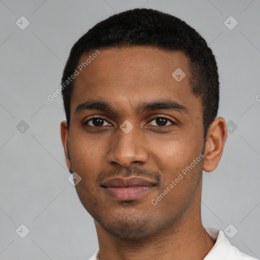Neutral black young-adult male with short  black hair and brown eyes