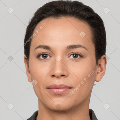 Joyful white young-adult female with short  brown hair and brown eyes