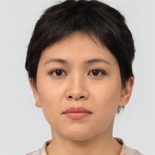 Neutral asian young-adult female with short  brown hair and brown eyes