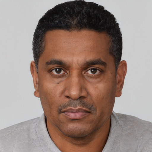 Neutral black adult male with short  black hair and brown eyes