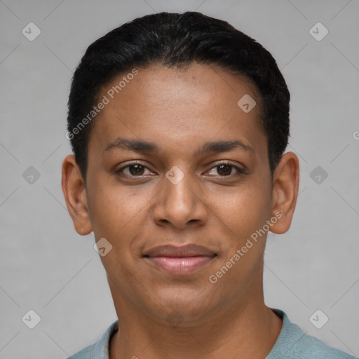 Joyful latino young-adult female with short  black hair and brown eyes