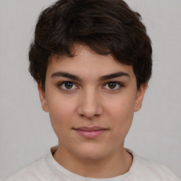 Neutral white young-adult female with short  brown hair and brown eyes