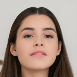 Neutral asian young-adult female with long  brown hair and brown eyes