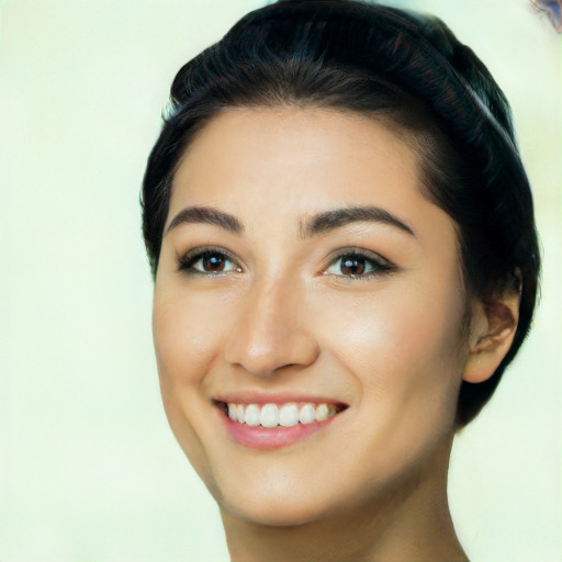 Joyful latino young-adult female with long  black hair and brown eyes