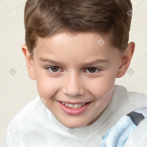 Joyful white child male with short  brown hair and brown eyes