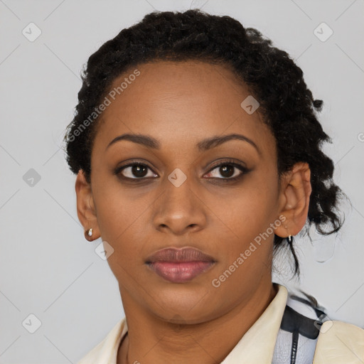 Neutral black young-adult female with short  black hair and brown eyes