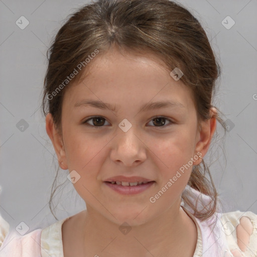 Joyful white child female with medium  brown hair and brown eyes