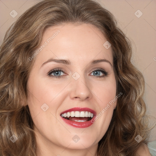 Joyful white young-adult female with medium  brown hair and green eyes