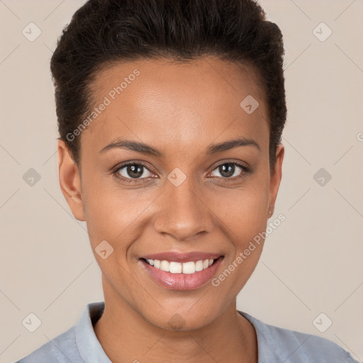 Joyful white young-adult female with short  brown hair and brown eyes