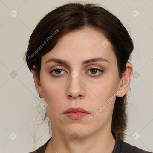 Neutral white young-adult female with medium  brown hair and grey eyes