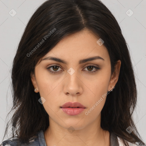 Neutral asian young-adult female with medium  brown hair and brown eyes