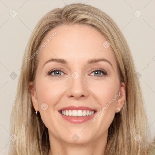 Joyful white young-adult female with long  brown hair and grey eyes