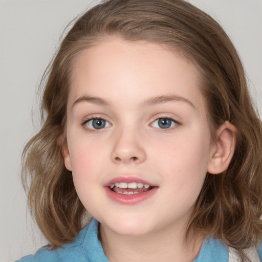 Joyful white child female with medium  brown hair and blue eyes