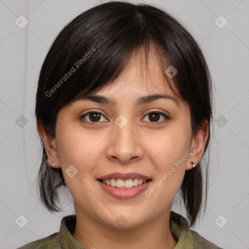 Joyful white young-adult female with medium  brown hair and brown eyes