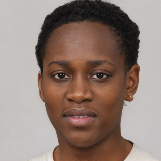 Neutral black young-adult female with short  black hair and brown eyes
