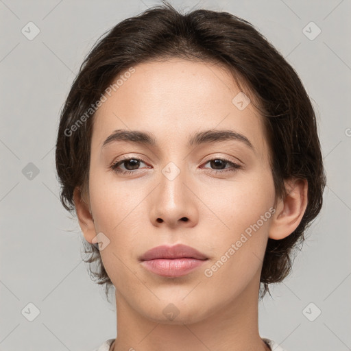 Neutral white young-adult female with medium  brown hair and brown eyes