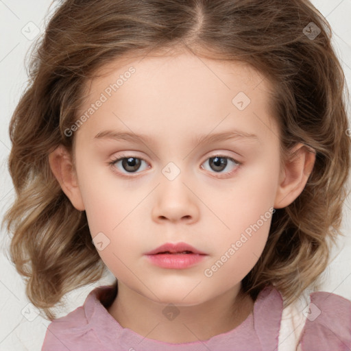 Neutral white child female with medium  brown hair and grey eyes