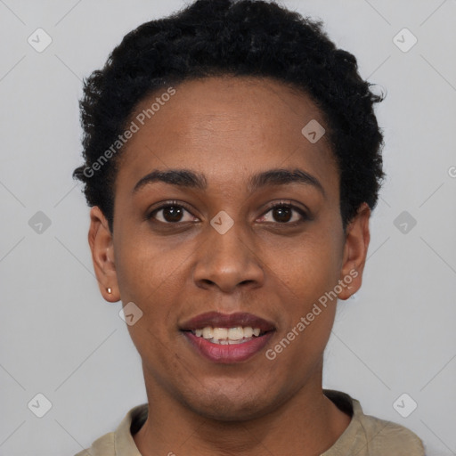 Joyful black young-adult female with short  black hair and brown eyes