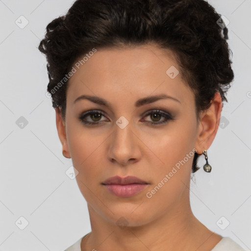 Neutral white young-adult female with short  brown hair and brown eyes