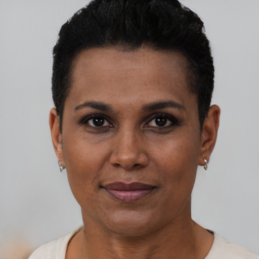 Joyful black young-adult female with short  black hair and brown eyes