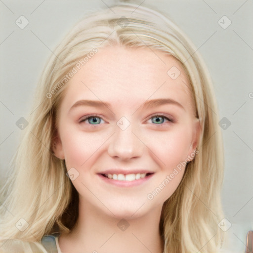 Joyful white young-adult female with medium  brown hair and blue eyes