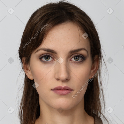 Neutral white young-adult female with long  brown hair and grey eyes