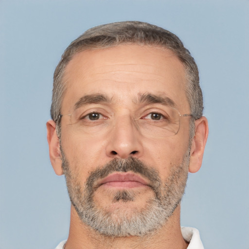 Neutral white middle-aged male with short  black hair and brown eyes