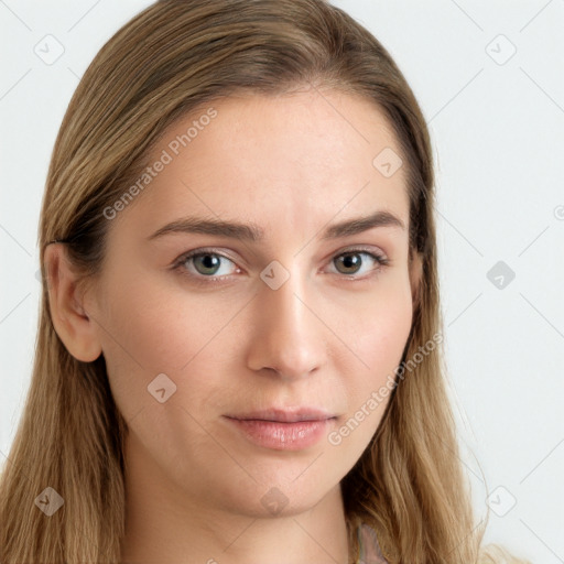 Neutral white young-adult female with long  brown hair and brown eyes