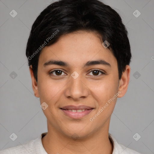 Joyful latino young-adult female with short  brown hair and brown eyes