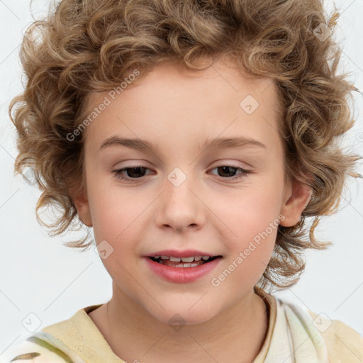 Joyful white child female with medium  brown hair and brown eyes