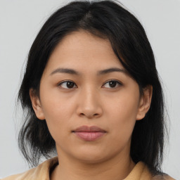 Neutral asian young-adult female with medium  brown hair and brown eyes