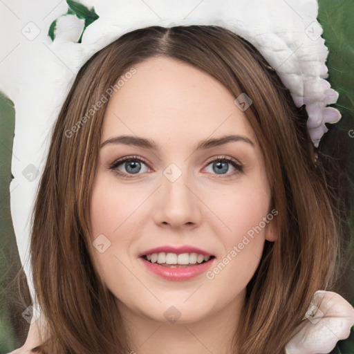 Joyful white young-adult female with long  brown hair and green eyes