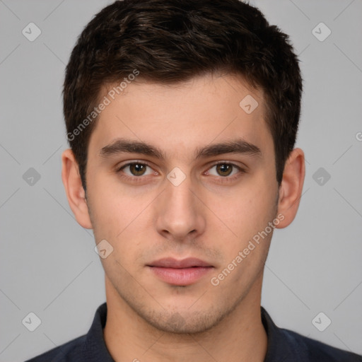 Neutral white young-adult male with short  brown hair and brown eyes