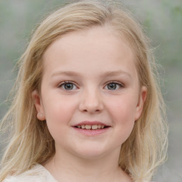 Joyful white child female with medium  brown hair and blue eyes