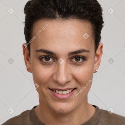 Joyful white young-adult female with short  brown hair and brown eyes