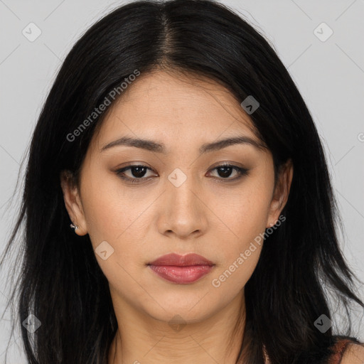 Joyful asian young-adult female with long  black hair and brown eyes