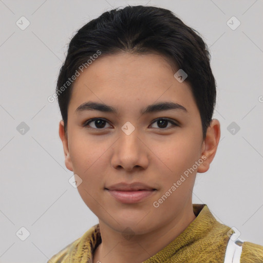 Neutral asian young-adult female with short  brown hair and brown eyes