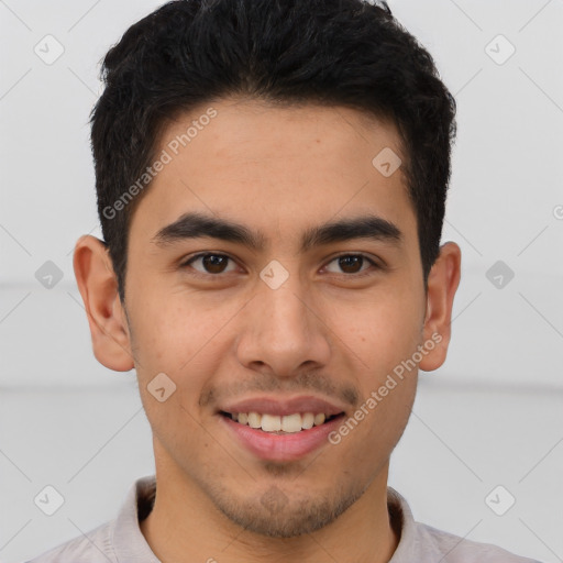 Joyful latino young-adult male with short  brown hair and brown eyes