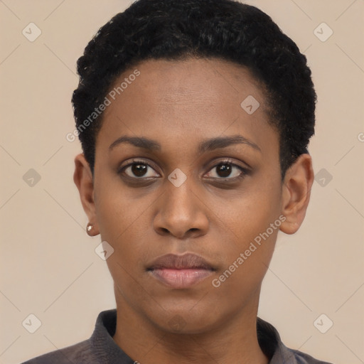 Neutral black young-adult female with short  black hair and brown eyes