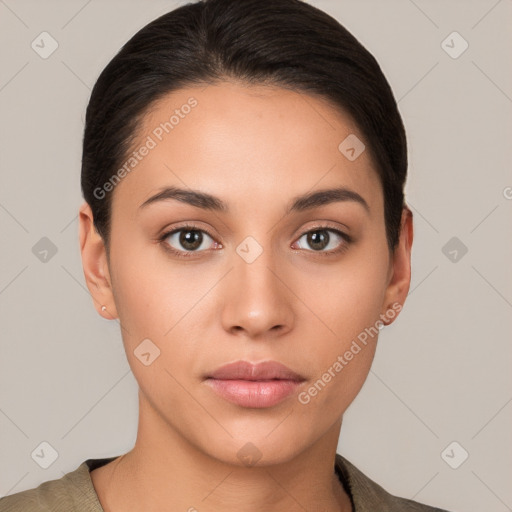 Neutral white young-adult female with short  brown hair and brown eyes