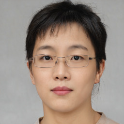 Neutral asian young-adult female with short  brown hair and brown eyes