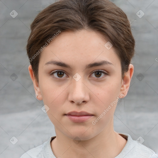 Neutral white young-adult female with short  brown hair and brown eyes