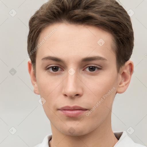 Neutral white young-adult male with short  brown hair and brown eyes