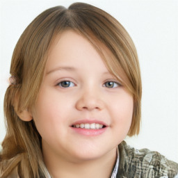 Joyful white child female with medium  brown hair and blue eyes