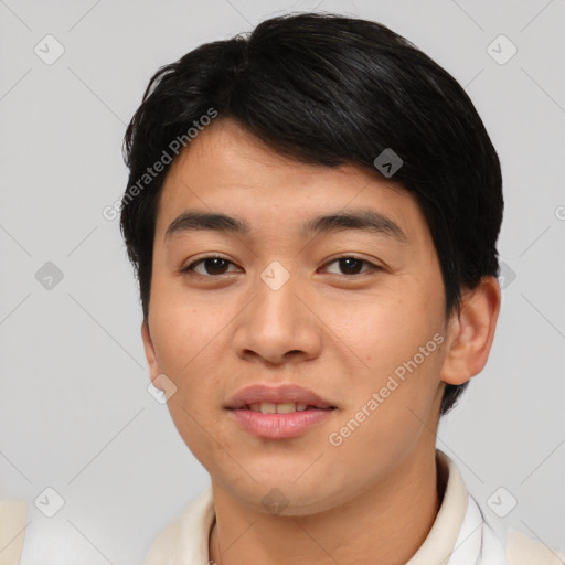 Joyful asian young-adult male with short  black hair and brown eyes