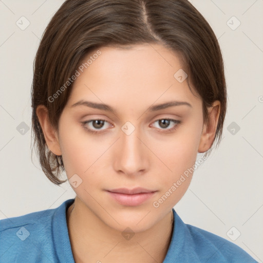 Neutral white young-adult female with medium  brown hair and brown eyes